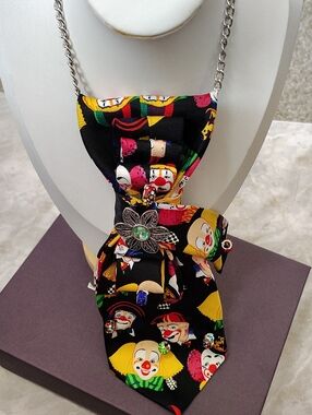 One-of-a-Kind - Clown Print Black Statement Necklace with Decorative Brooch
